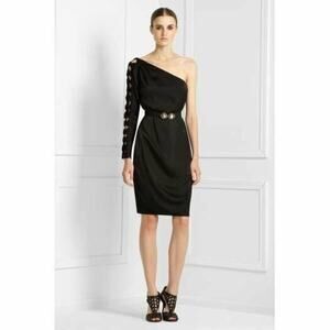 $268 BCBG MaxAzria Black Satin Bow Cutout One Shoulder Sheath Dress XXS NWT